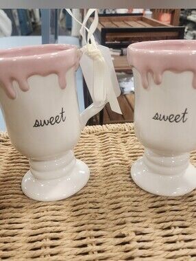 Rae Dunn Ceramic 'Sweet' Pink Drip Pedestal Mugs -QTY (2)